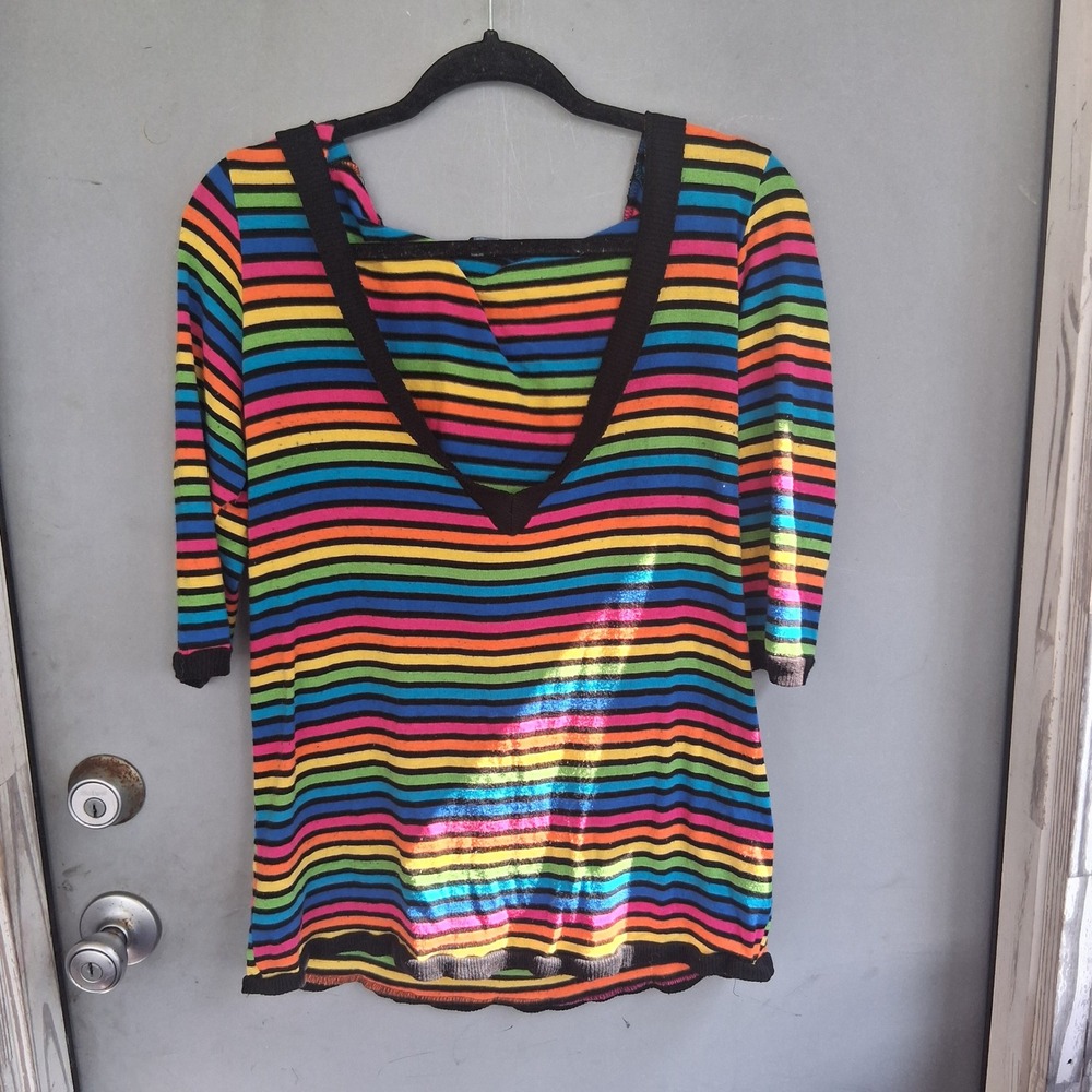 Vintage Y2K Rainbow Striped Hooded V-Neck Top 3/4 Sleeve Multi-Color Knit VGVC